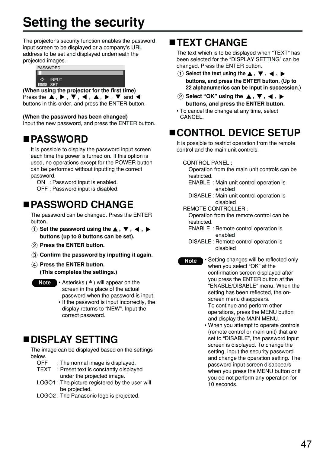 Panasonic PT-D4000U manual Setting the security, Password Change, Display Setting, Text Change, Control Device Setup 