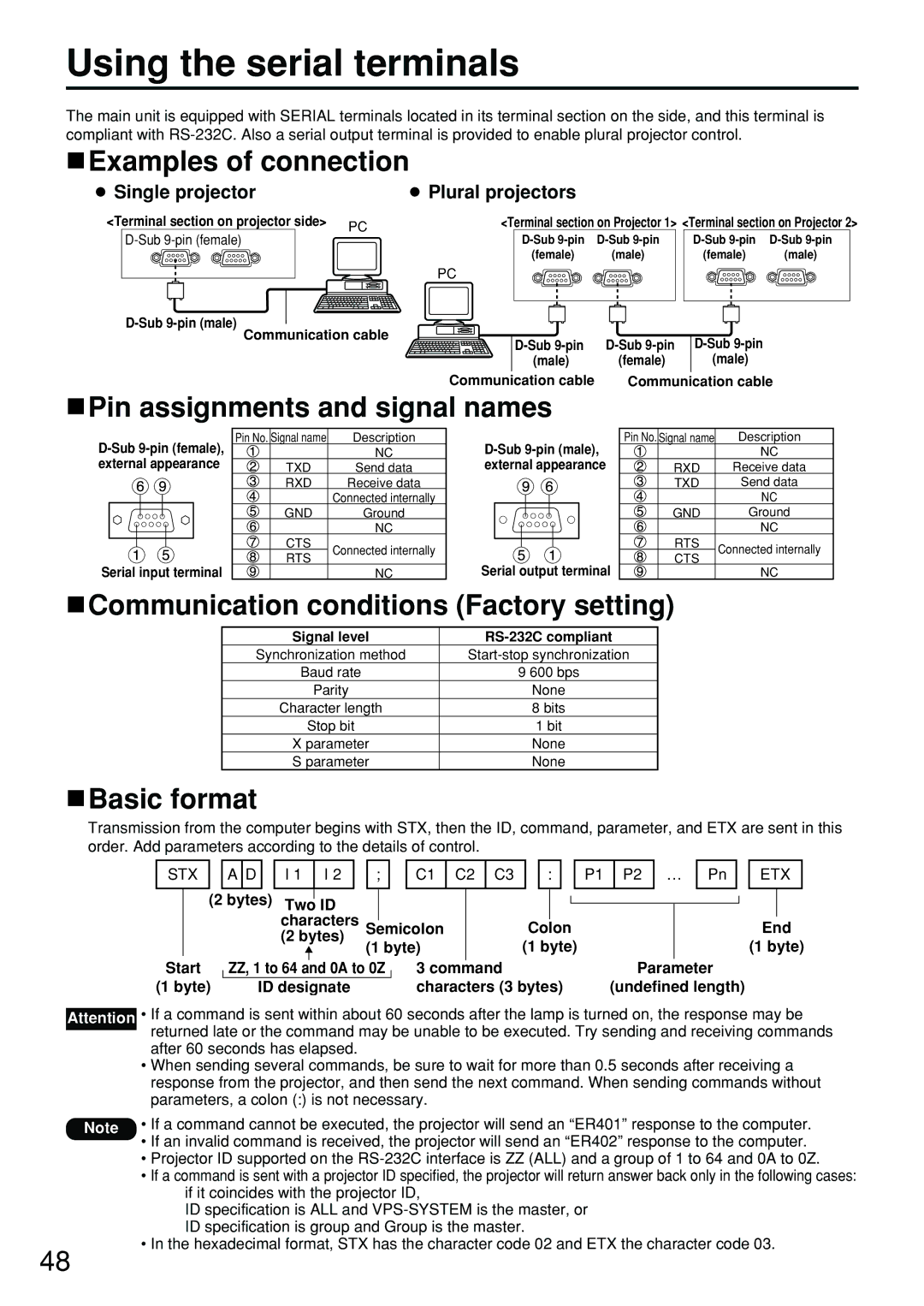 Panasonic PT-D4000U Using the serial terminals, Examples of connection, Pin assignments and signal names, Basic format 