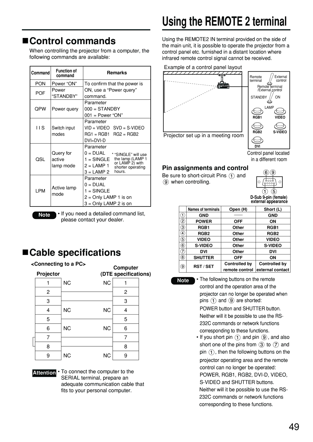 Panasonic PT-D4000U manual Control commands, Cable specifications, Pin assignments and control 