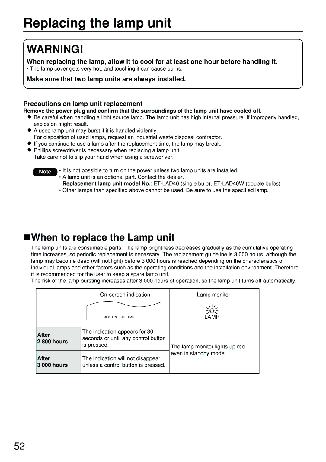 Panasonic PT-D4000U manual Replacing the lamp unit, When to replace the Lamp unit, After, Hours 