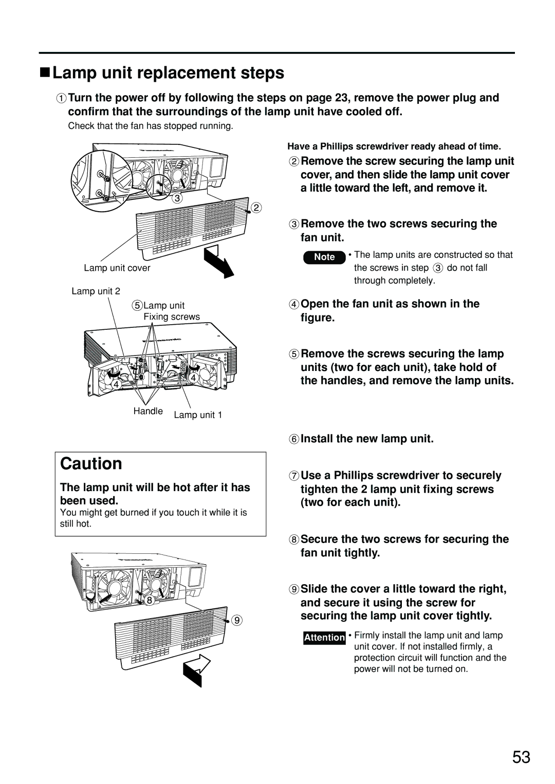 Panasonic PT-D4000U manual Lamp unit replacement steps, Remove the two screws securing the fan unit 