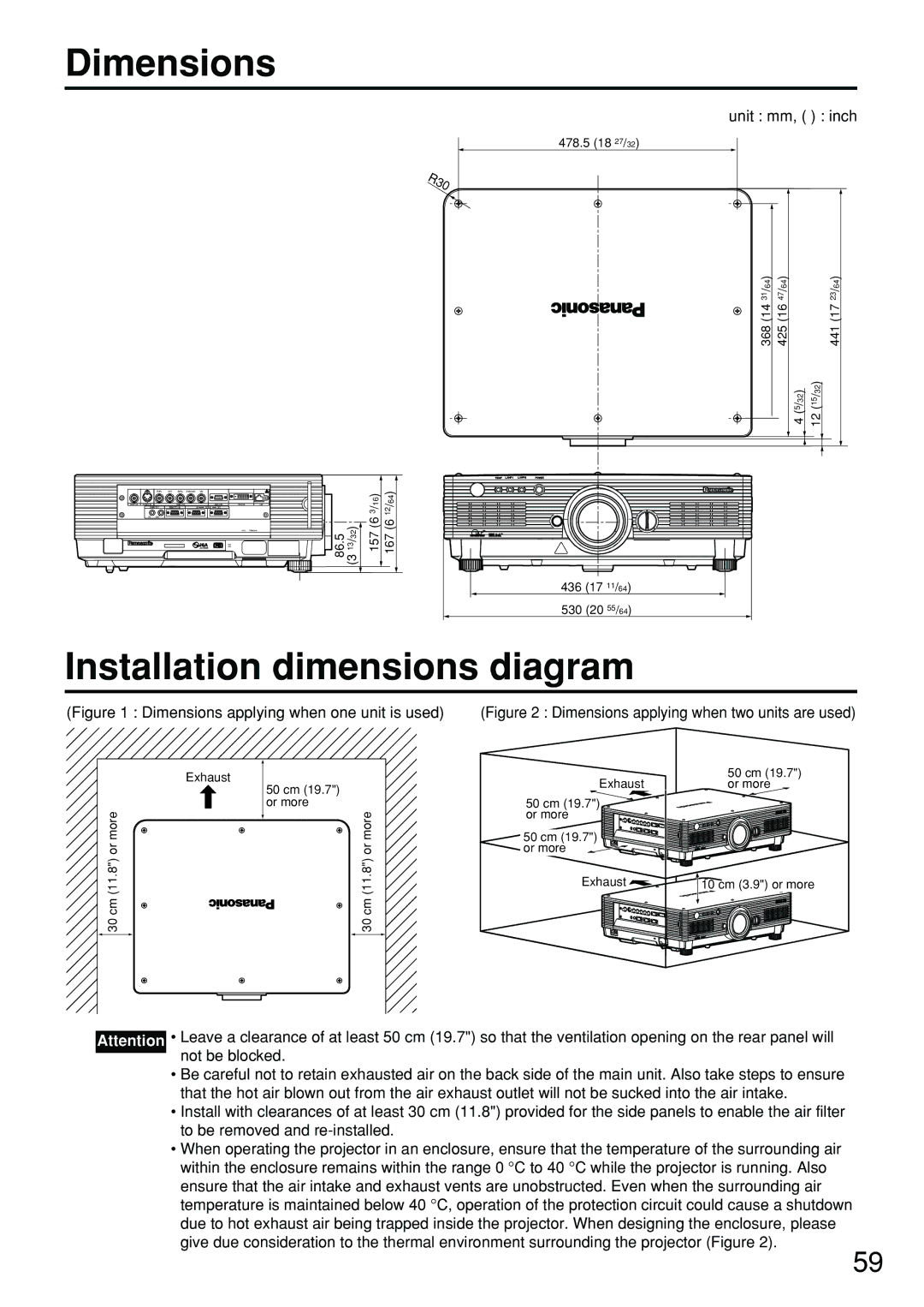 Panasonic PT-D4000U manual Dimensions, Installation dimensions diagram 