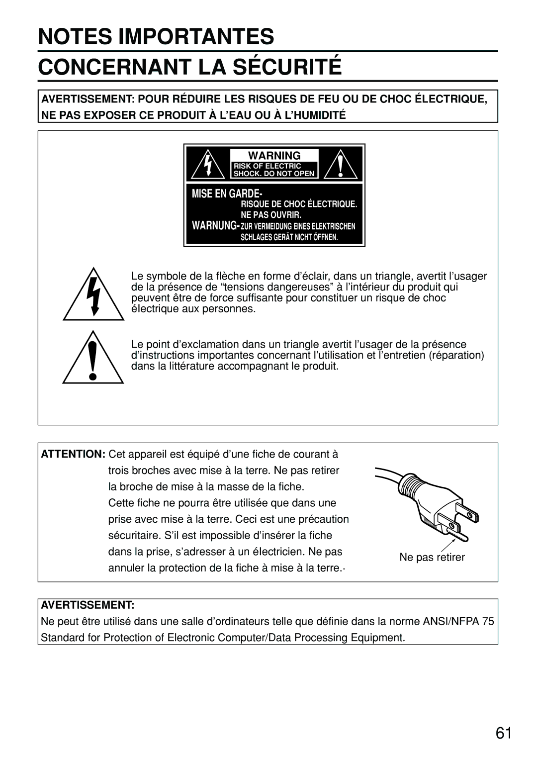 Panasonic PT-D4000U manual Concernant LA Sécurité 