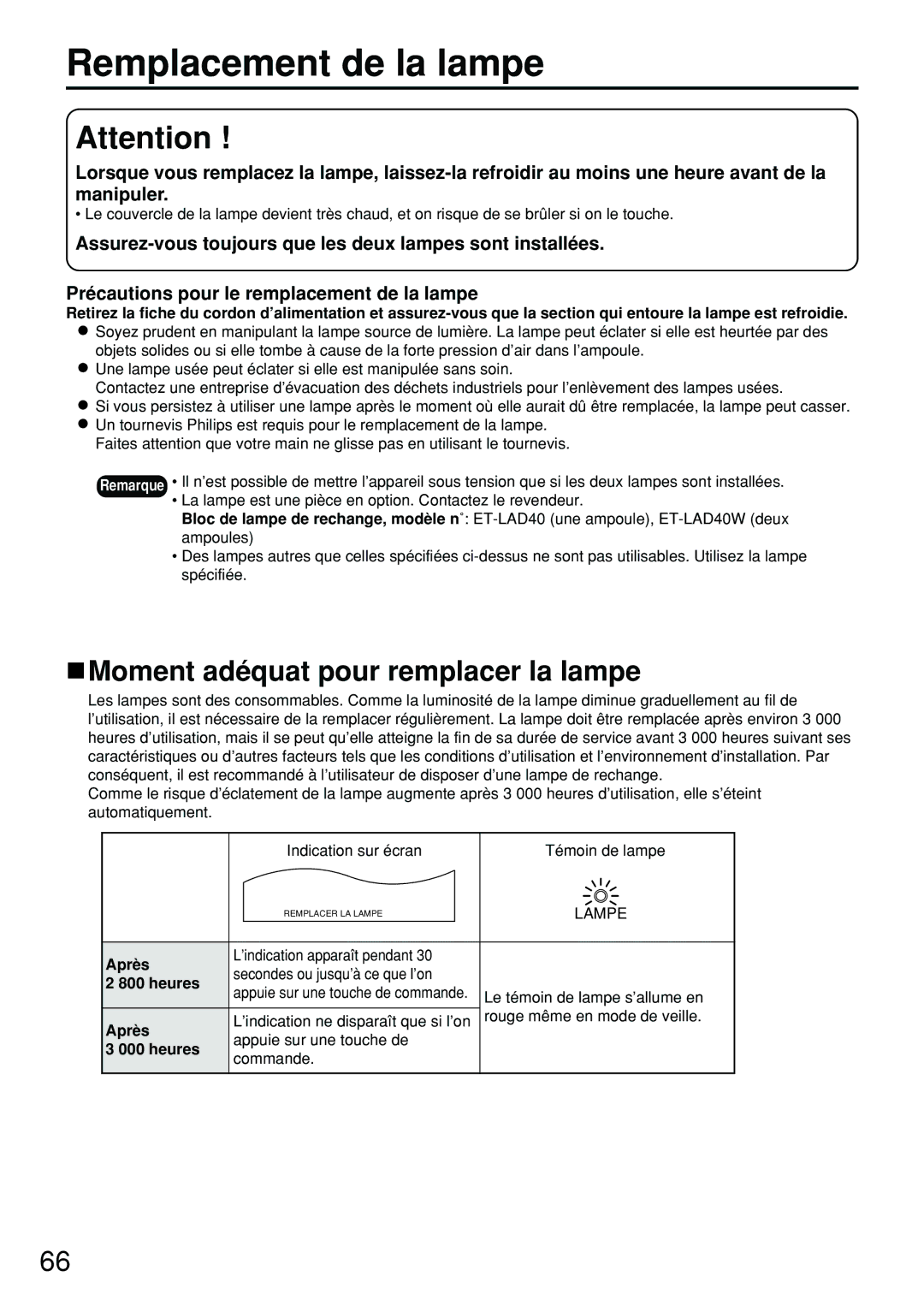 Panasonic PT-D4000U manual Remplacement de la lampe, Moment adéquat pour remplacer la lampe, Lampe, Après, Heures 