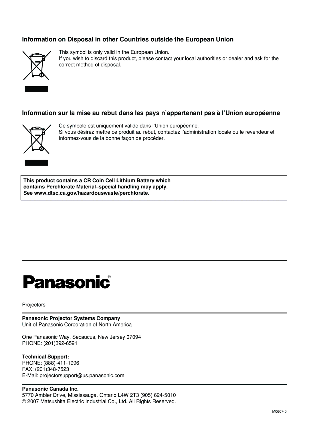 Panasonic PT-D4000U manual Panasonic Projector Systems Company, Technical Support, Panasonic Canada Inc 