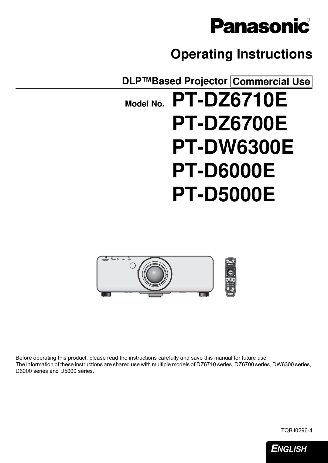 Panasonic PT-DZ6710E manual PT-DZ6700E PT-DW6300E PT-D6000E PT-D5000E 