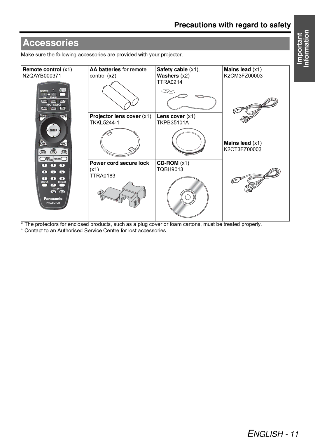 Panasonic PT-DW6300E, PT-D5000E, PT-D6000E, PT-DZ6710E, PT-DZ6700E manual Accessories 