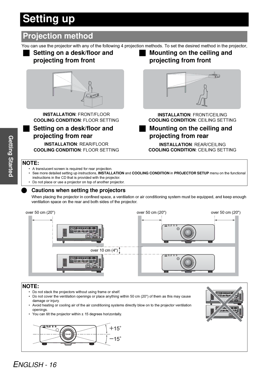 Panasonic PT-DW6300E, PT-D5000E manual Setting up, Projection method,  Cautions when setting the projectors, Over 10 cm 