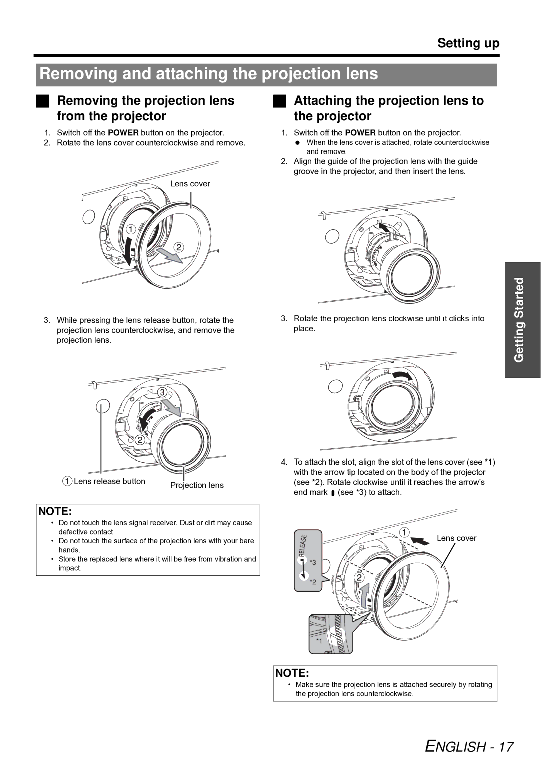 Panasonic PT-D6000E, PT-D5000E, PT-DW6300E, PT-DZ6710E, PT-DZ6700E Removing and attaching the projection lens, Setting up 