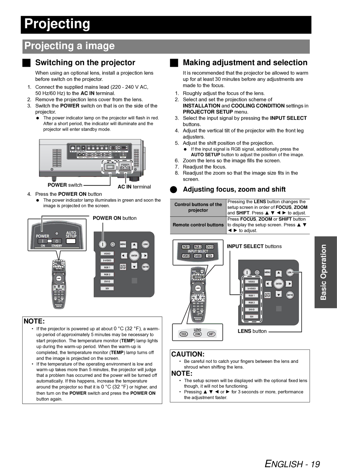 Panasonic PT-DZ6700E, PT-D5000E Projecting a image,  Switching on the projector,  Adjusting focus, zoom and shift 