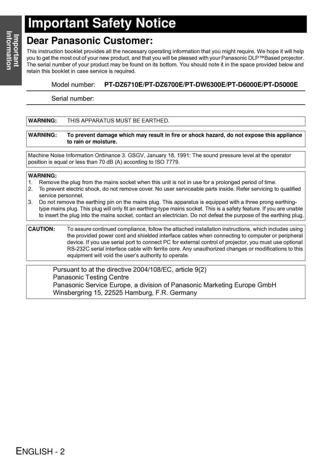 Panasonic PT-D6000E, PT-D5000E, PT-DW6300E, PT-DZ6710E, PT-DZ6700E manual Important Safety Notice, To rain or moisture 