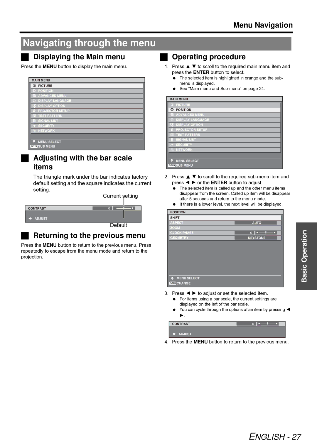 Panasonic PT-D6000E manual Navigating through the menu,  Displaying the Main menu,  Adjusting with the bar scale items 