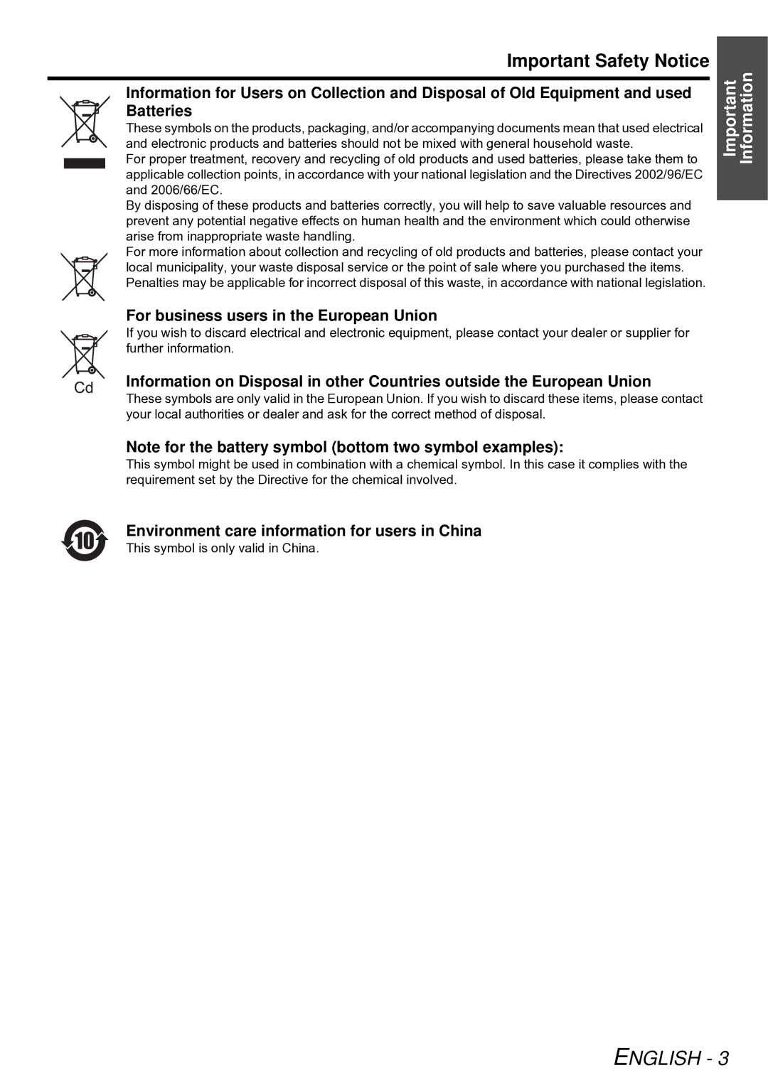 Panasonic PT-DZ6710E, PT-D5000E, PT-DW6300E, PT-D6000E Important Safety Notice, For business users in the European Union 