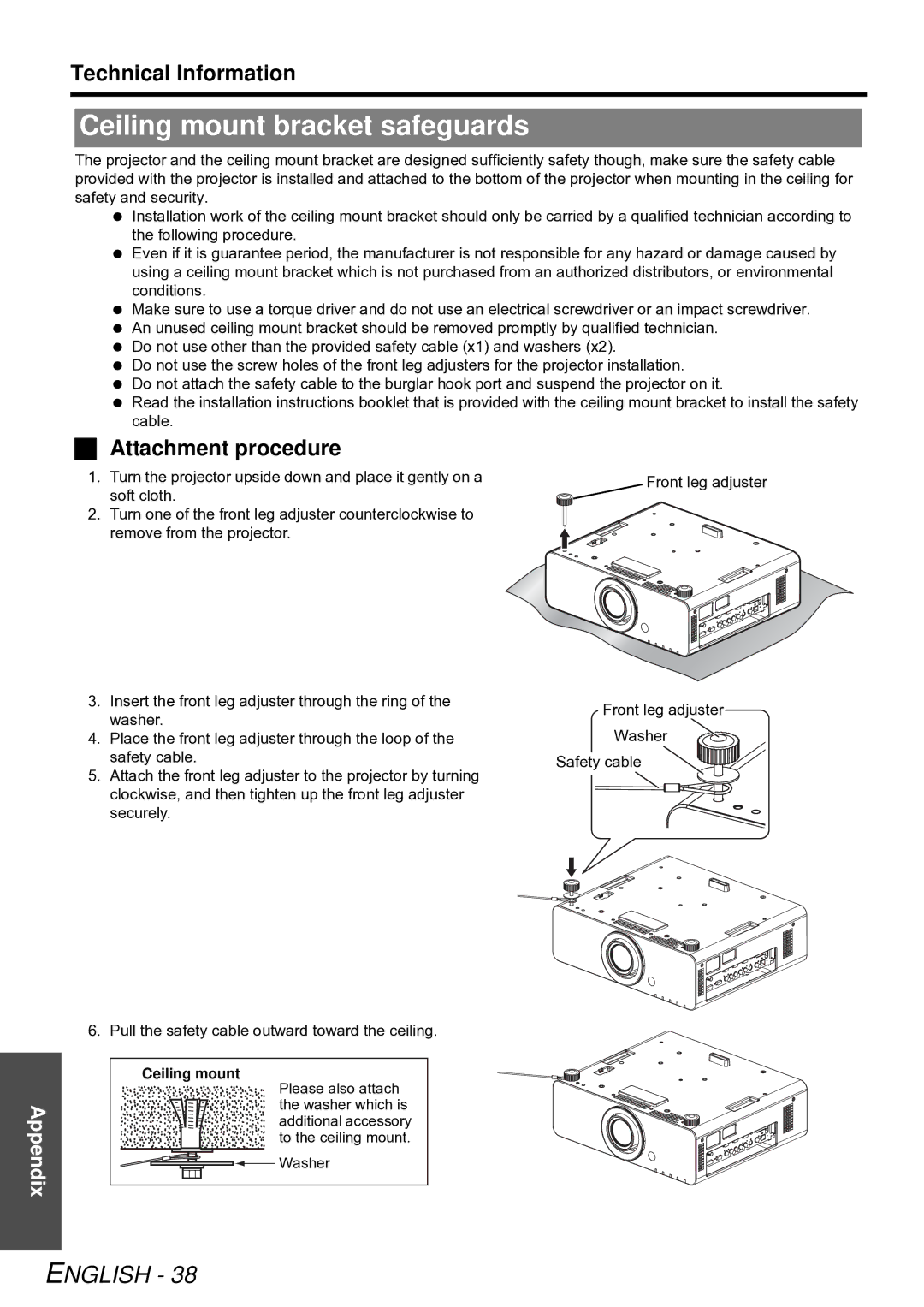 Panasonic PT-DZ6710E, PT-D5000E, PT-DW6300E, PT-D6000E, PT-DZ6700E Ceiling mount bracket safeguards,  Attachment procedure 