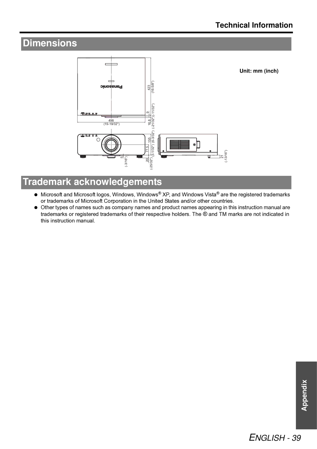 Panasonic PT-DZ6700E, PT-D5000E, PT-DW6300E, PT-D6000E, PT-DZ6710E manual Dimensions, Trademark acknowledgements, Unit mm inch 