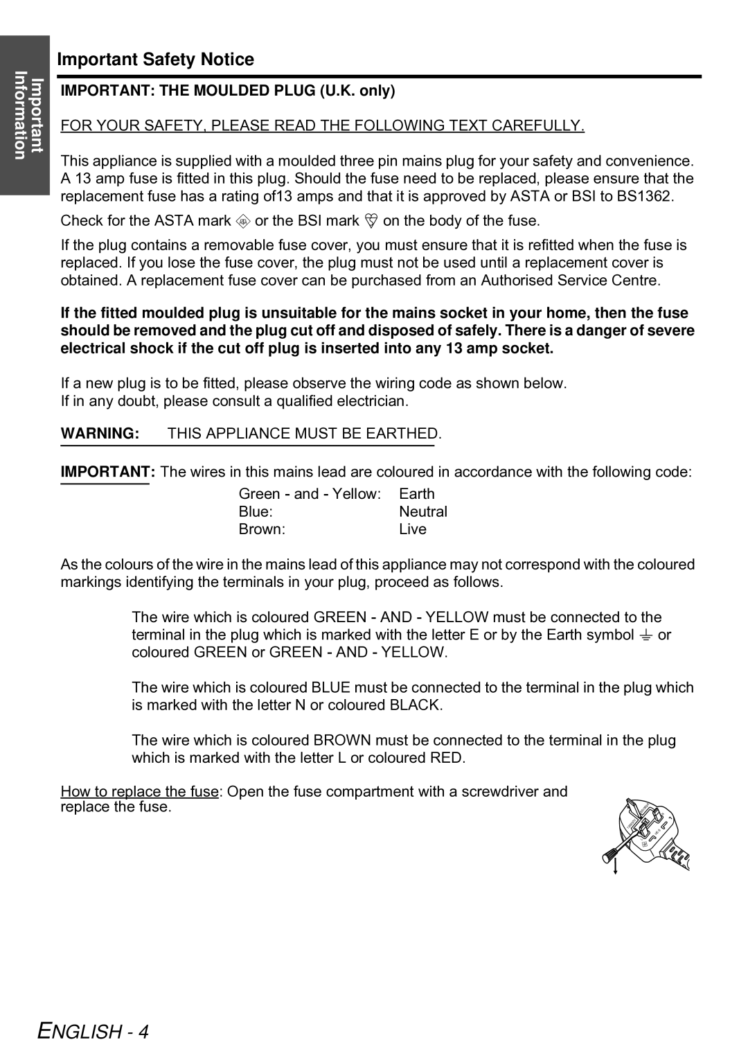 Panasonic PT-DZ6700E manual Important the Moulded Plug U.K. only, For Your SAFETY, Please Read the Following Text Carefully 