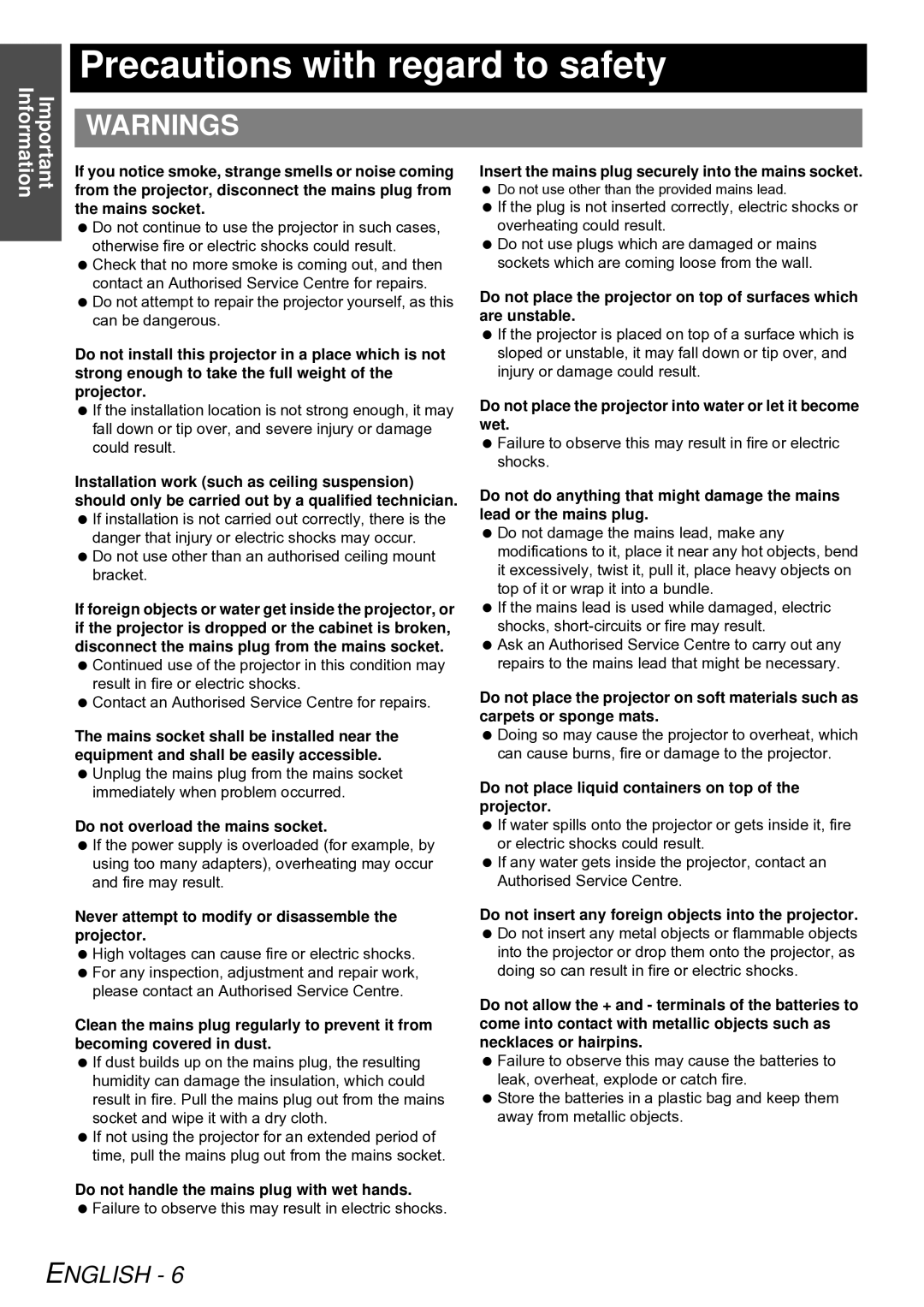 Panasonic PT-DW6300E, PT-D5000E, PT-D6000E, PT-DZ6710E, PT-DZ6700E manual Precautions with regard to safety 