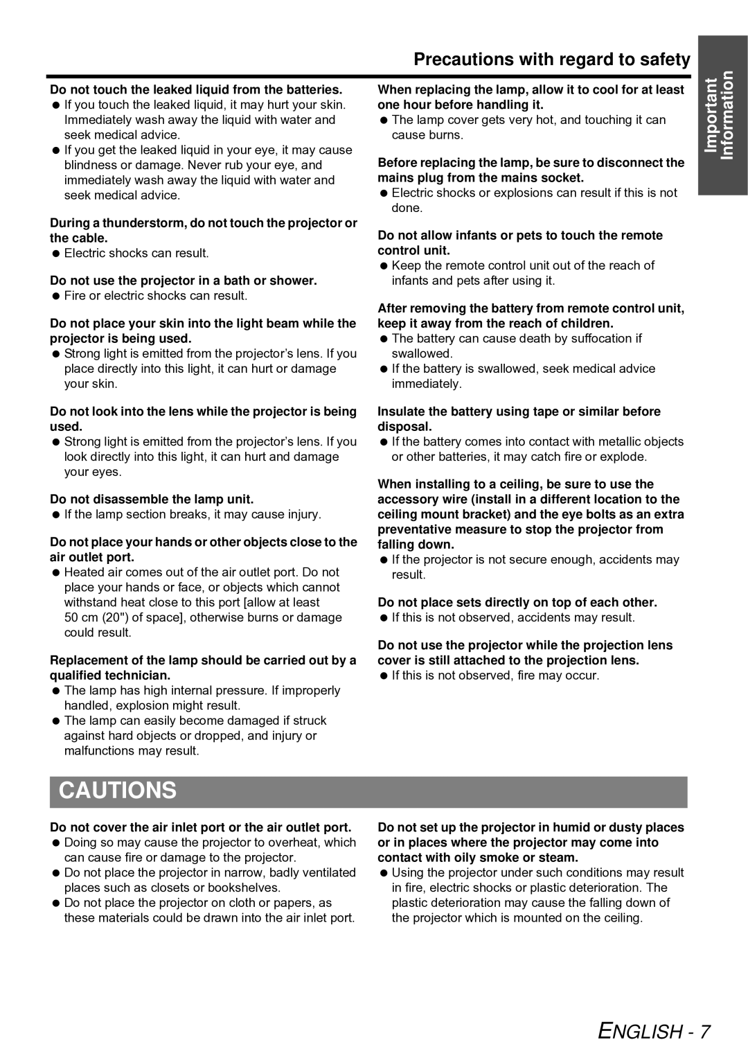 Panasonic PT-D6000E, PT-D5000E, PT-DW6300E, PT-DZ6710E, PT-DZ6700E manual Precautions with regard to safety 