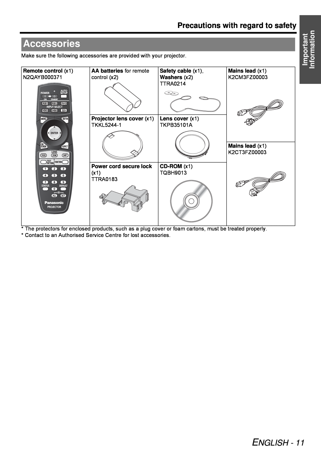 Panasonic PT-DW6300E Accessories, English, Precautions with regard to safety, Important Information, Washers, Lens cover 
