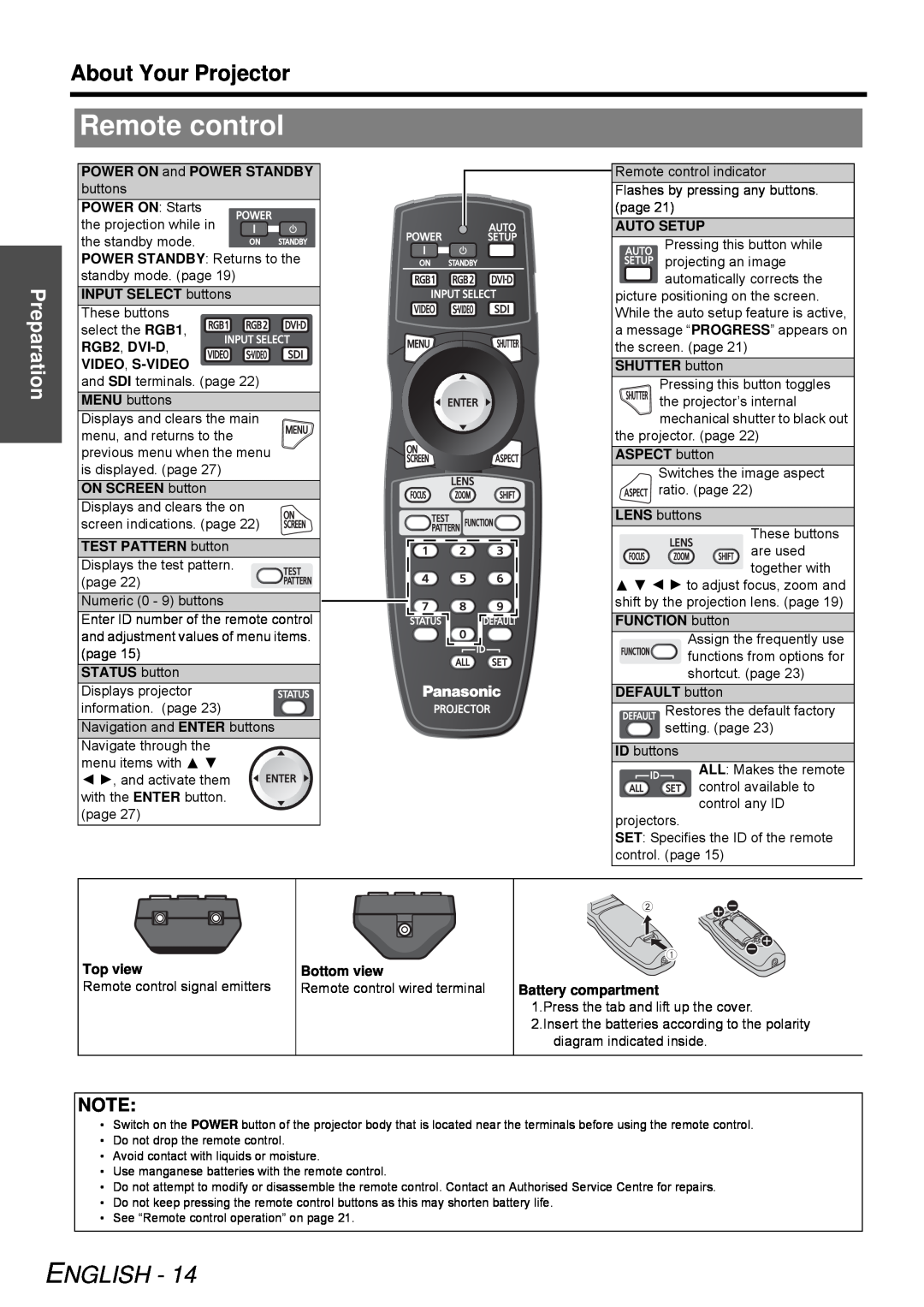Panasonic PT-DZ6700E, PT-D5000E, PT-DW6300E, PT-D6000E, PT-DZ6710E Remote control, English, About Your Projector, Preparation 