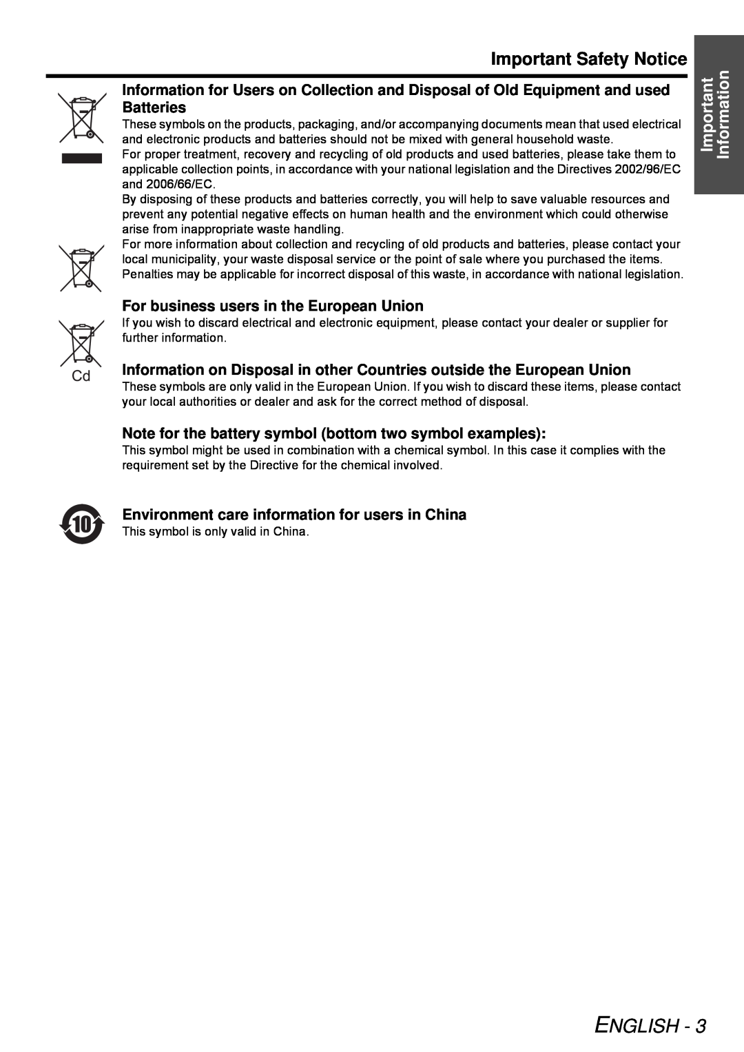 Panasonic PT-DZ6710E Important Safety Notice, For business users in the European Union, English, Important Information 