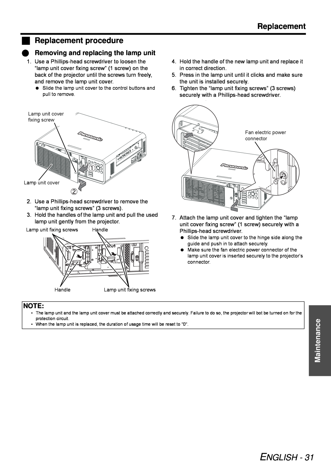 Panasonic PT-DW6300E manual  Removing and replacing the lamp unit, English, Maintenance, Lamp u nit fixing screws, Handle 