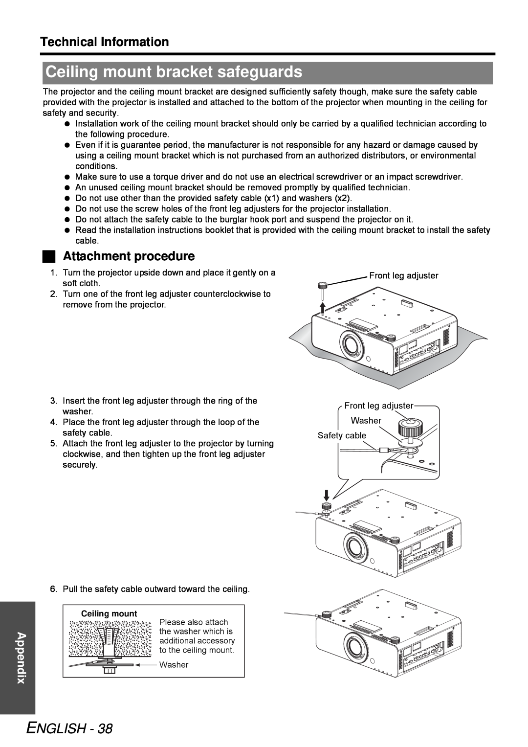 Panasonic PT-DZ6710E Ceiling mount bracket safeguards,  Attachment procedure, English, Technical Information, Appendix 