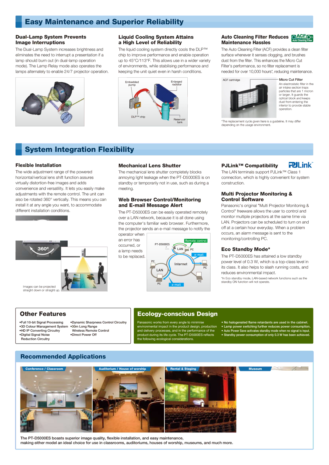 Panasonic PT-D5000ELS, PT-D5000ES specifications Easy Maintenance and Superior Reliability, System Integration Flexibility 