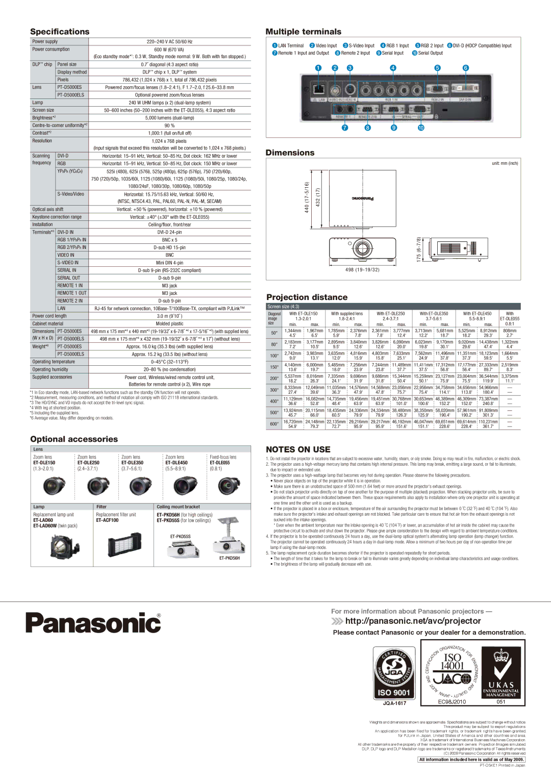 Panasonic PT-D5000ES Specifications, Optional accessories, Multiple terminals, Dimensions, Projection distance 