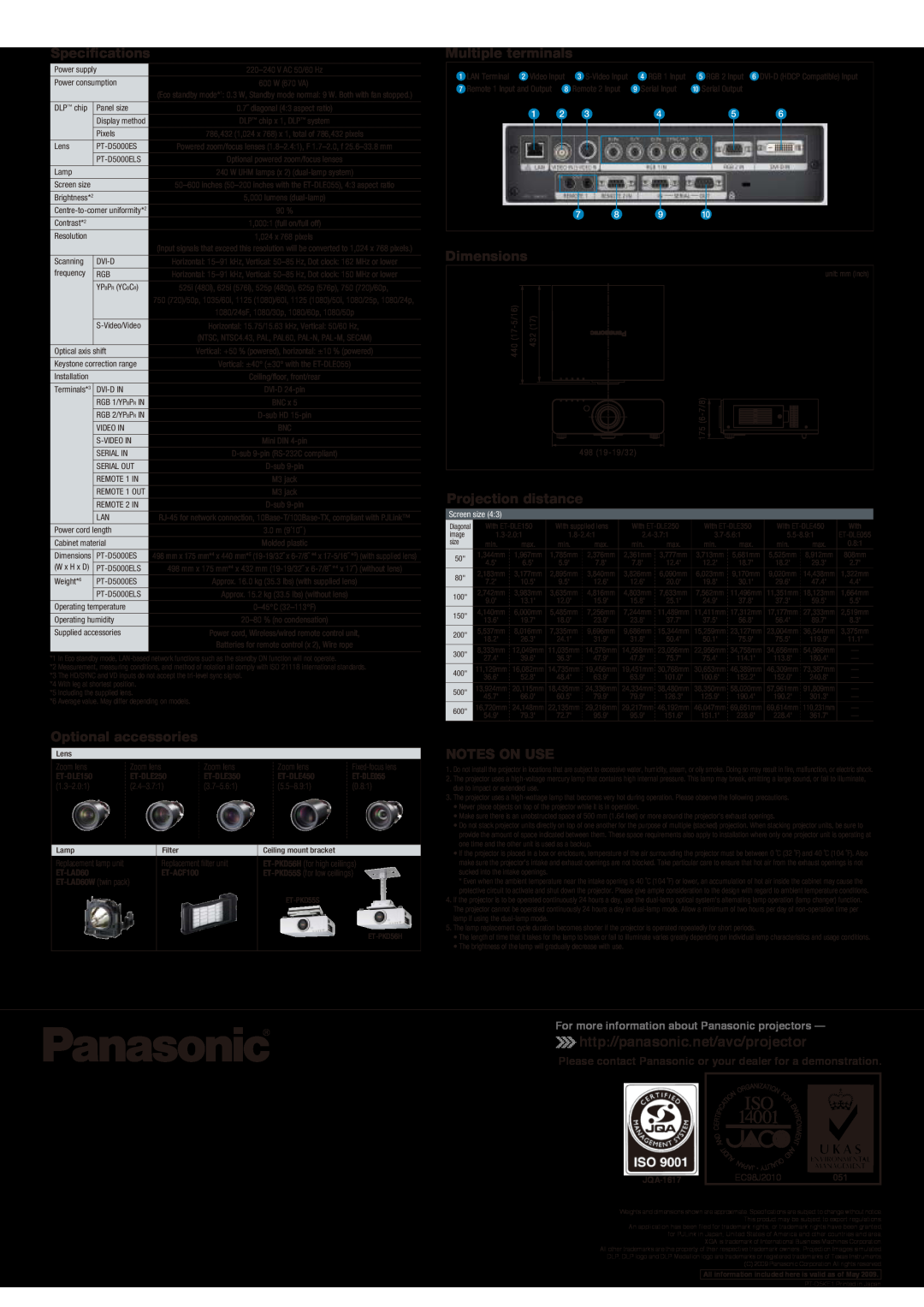 Panasonic PT-D5000ES http//panasonic.net/avc/projector, For more information about Panasonic projectors, ET-DLE150 