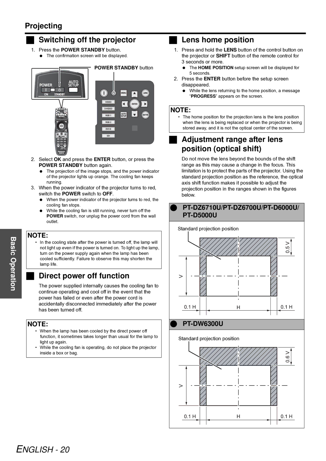 Panasonic PT-D5000U manual Projecting  Switching off the projector,  Direct power off function,  PT-DW6300U 