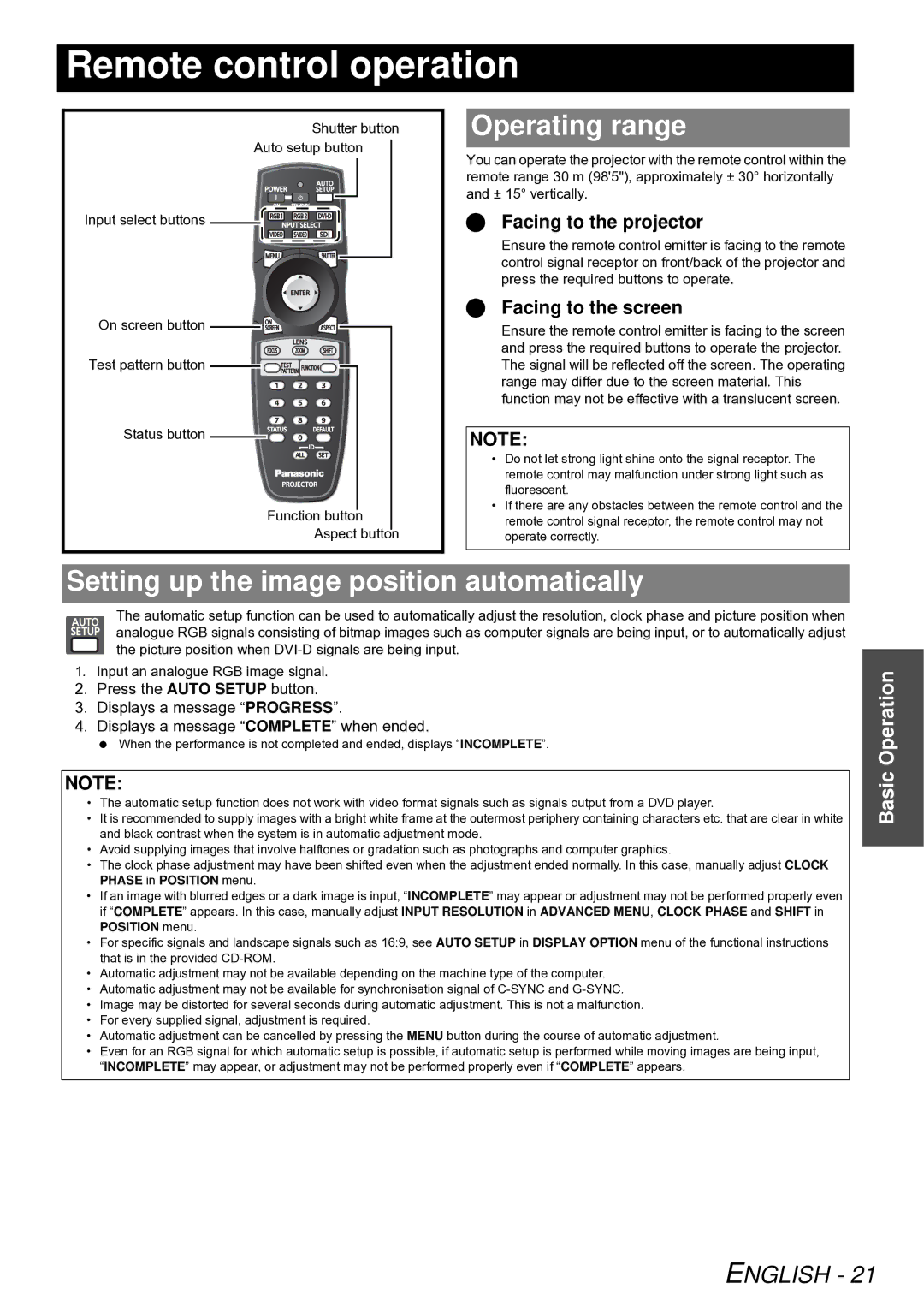 Panasonic PT-DW6300U, PT-D5000U Remote control operation, Operating range, Setting up the image position automatically 