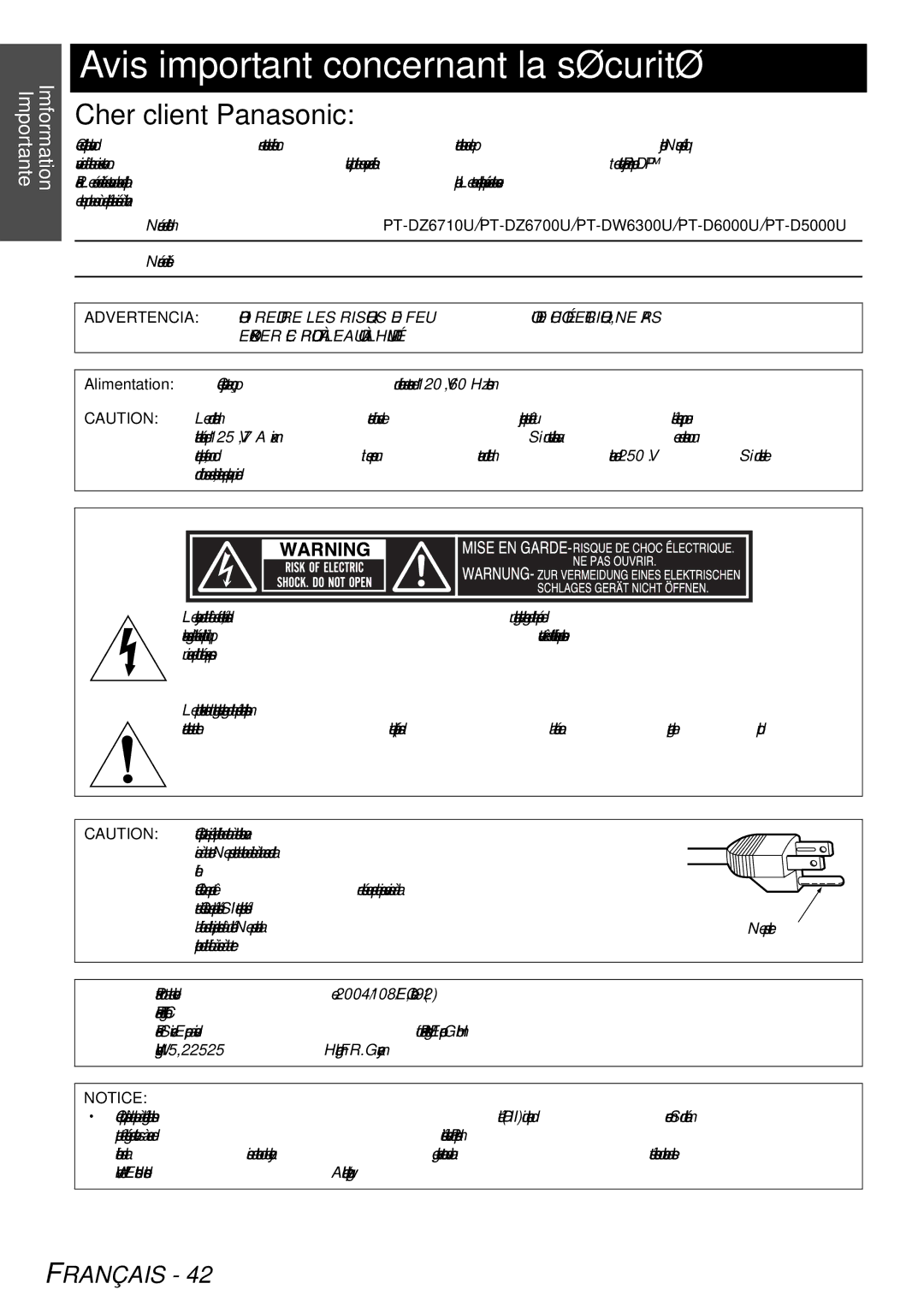 Panasonic PT-D5000U, PT-DW6300U manual Avis important concernant la sécurité, Cher client Panasonic 