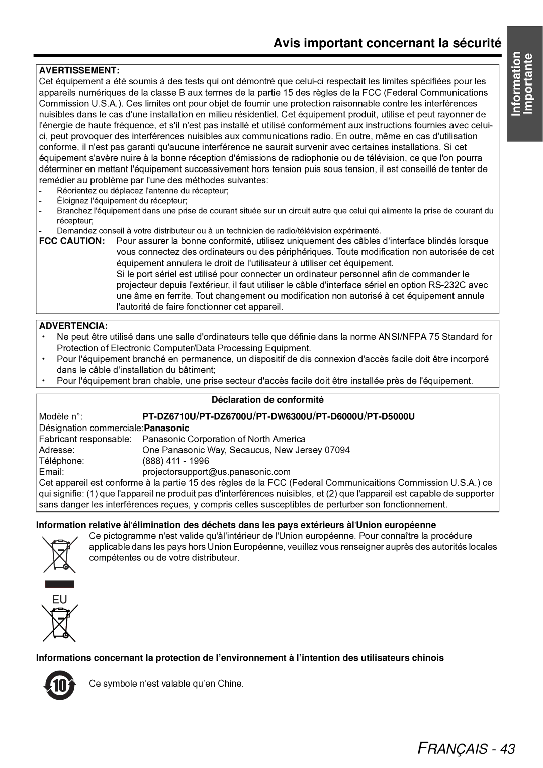 Panasonic PT-DW6300U, PT-D5000U manual Avis important concernant la sécurité, Déclaration de conformité 