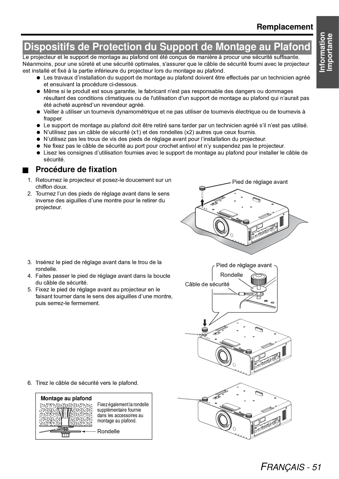 Panasonic PT-DW6300U, PT-D5000U manual Remplacement,  Procédure de fixation, Montage au plafond 