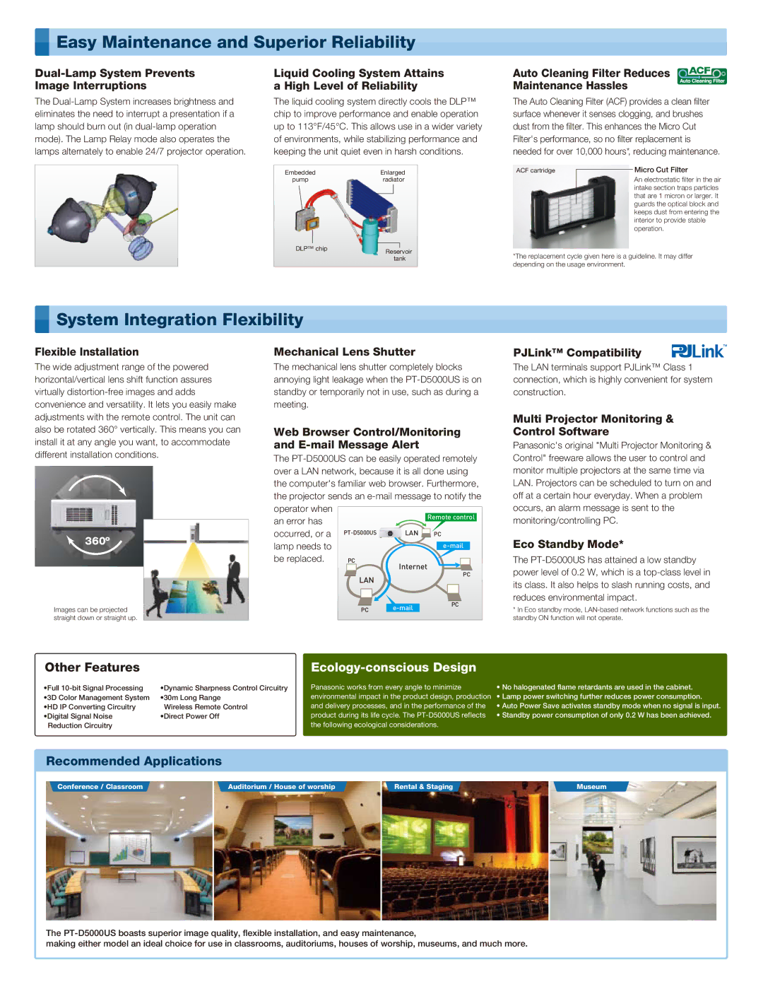 Panasonic PT-D5000ULS, PT-D5000US specifications Easy Maintenance and Superior Reliability, System Integration Flexibility 