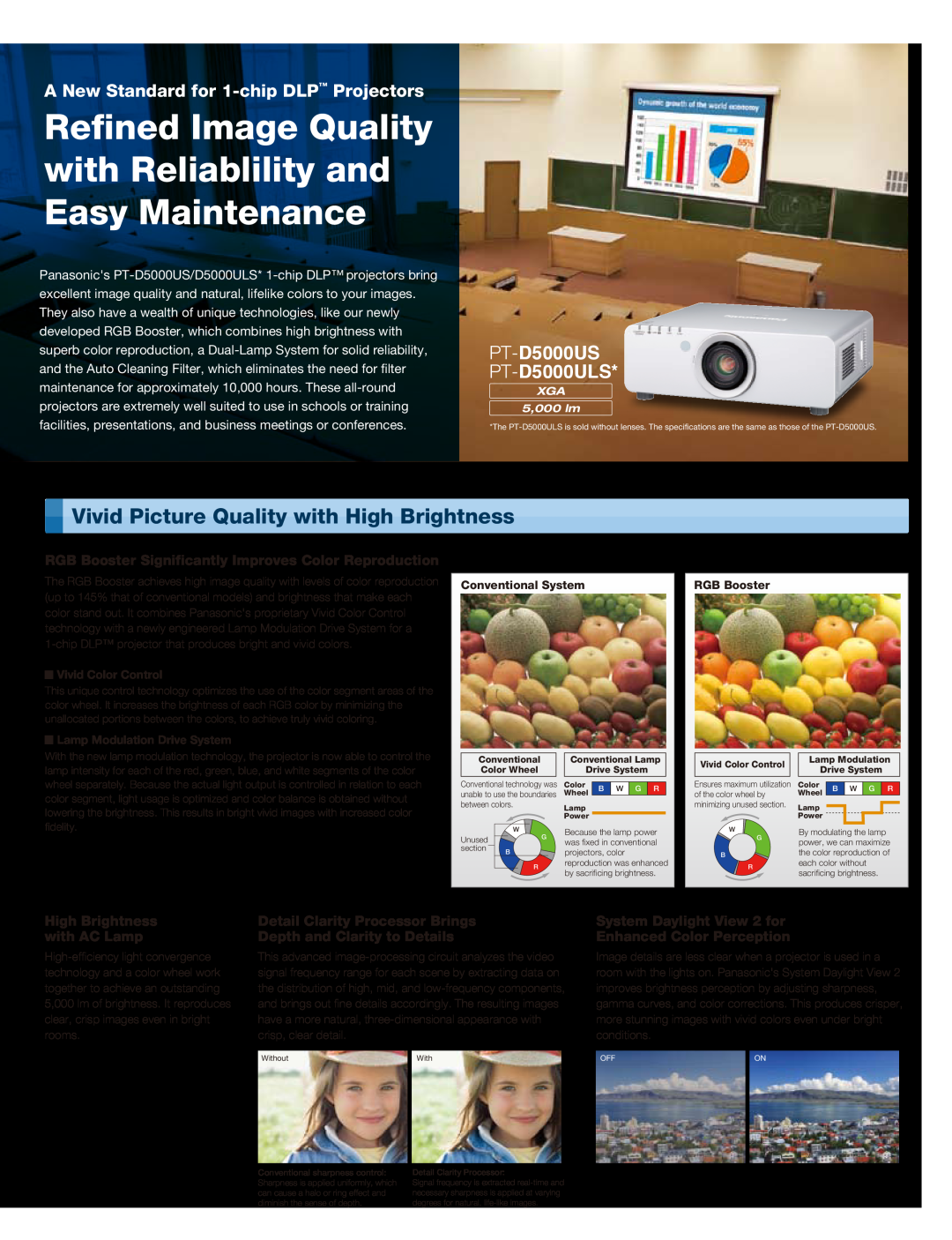 Panasonic Vivid Picture Quality with High Brightness, PT-D5000US PT-D5000ULS, A New Standard for 1-chip DLP Projectors 