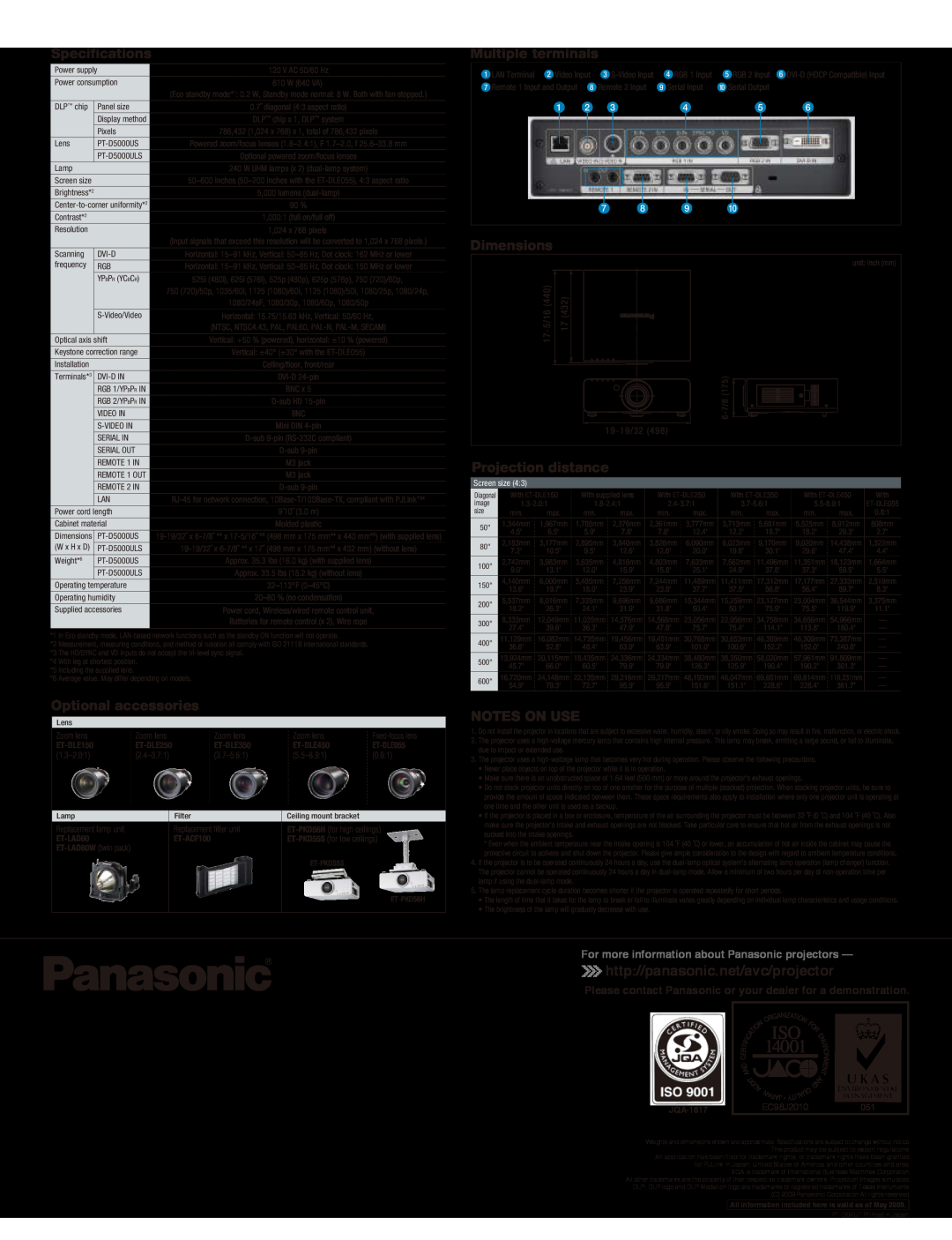 Panasonic PT-D5000US http//panasonic.net/avc/projector, For more information about Panasonic projectors, V AC 50/60 Hz 