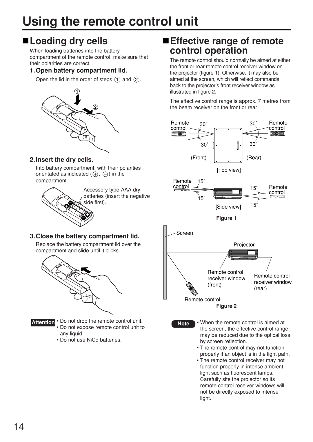 Panasonic PT-D5500E manual Using the remote control unit, Loading dry cells, Effective range of remote control operation 