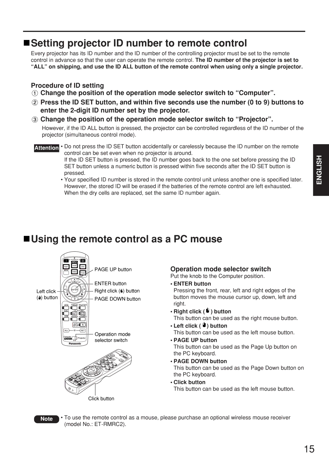 Panasonic PT-D5500EL manual Setting projector ID number to remote control, Using the remote control as a PC mouse 