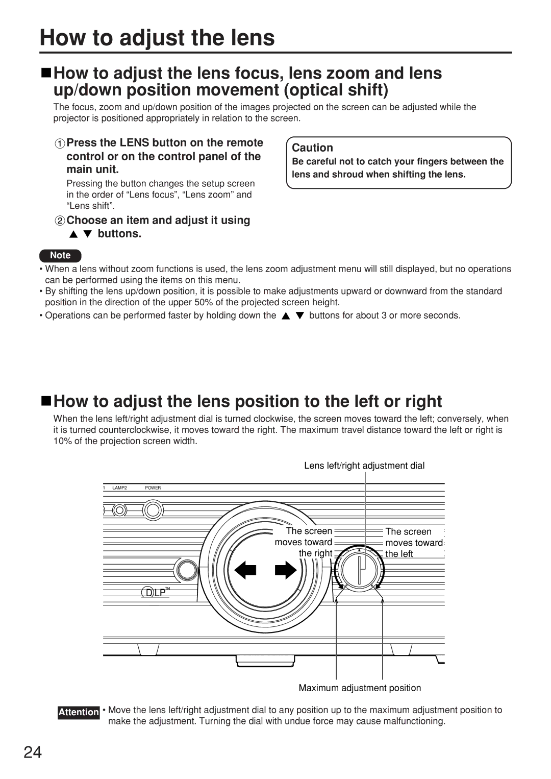 Panasonic PT-D5500E How to adjust the lens position to the left or right, Choose an item and adjust it using buttons 