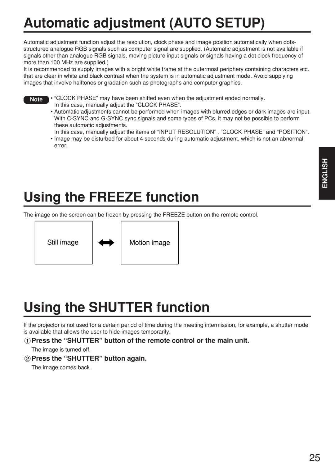 Panasonic PT-D5500EL manual Automatic adjustment Auto Setup, Using the Freeze function, Using the Shutter function 