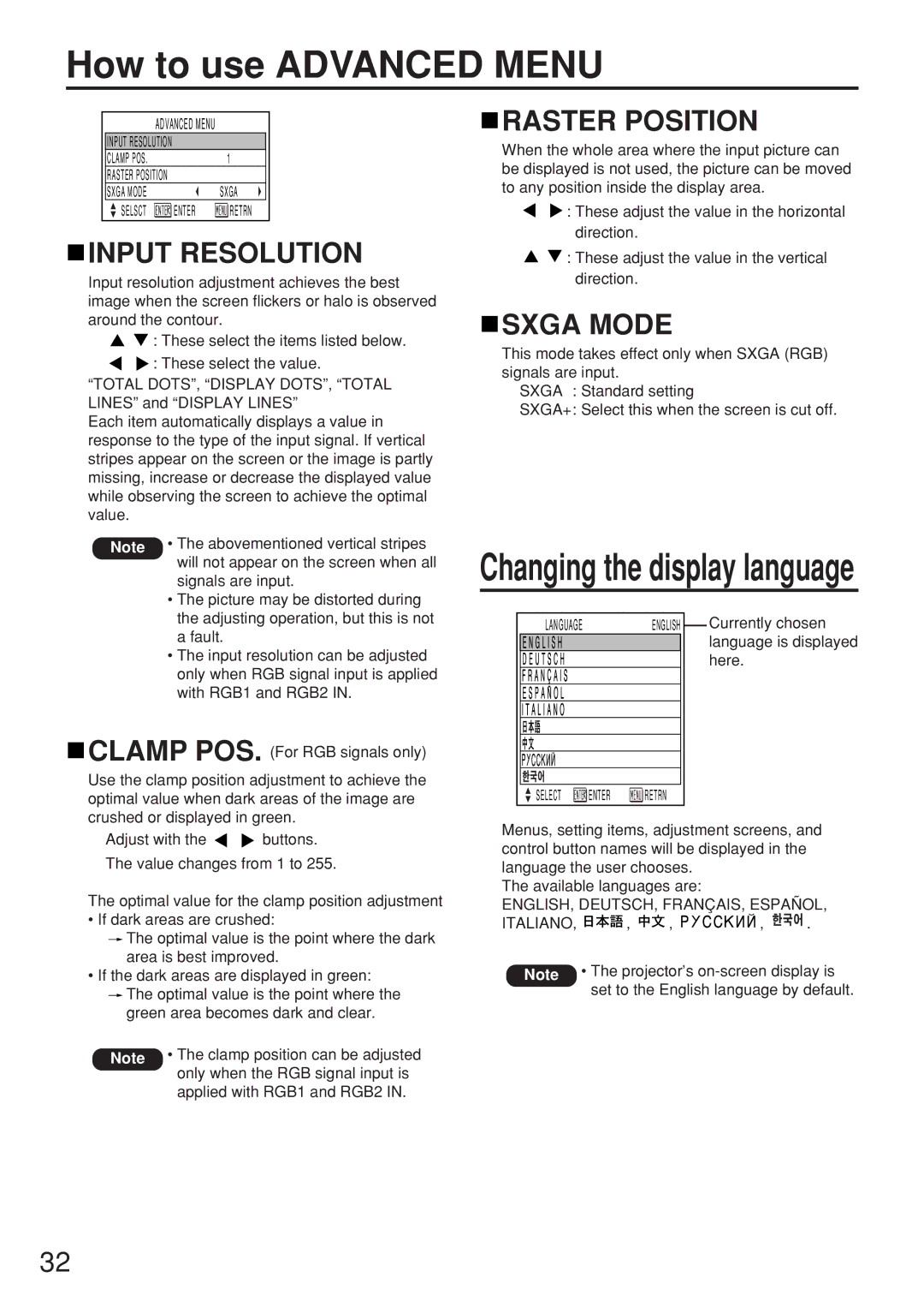 Panasonic PT-D5500EL manual How to use Advanced Menu, Input Resolution, Raster Position, Sxga Mode 