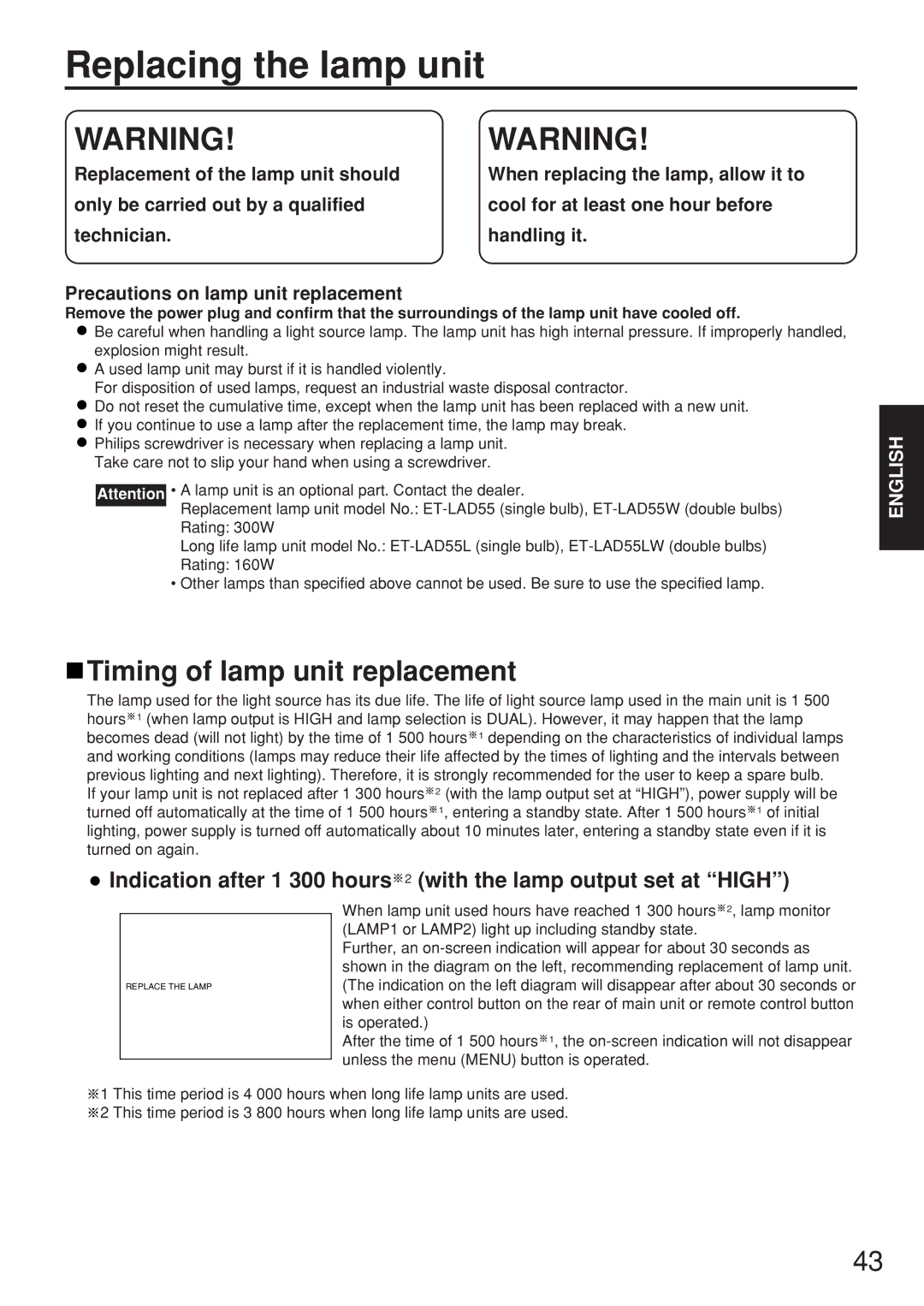 Panasonic PT-D5500EL manual Replacing the lamp unit, Timing of lamp unit replacement 