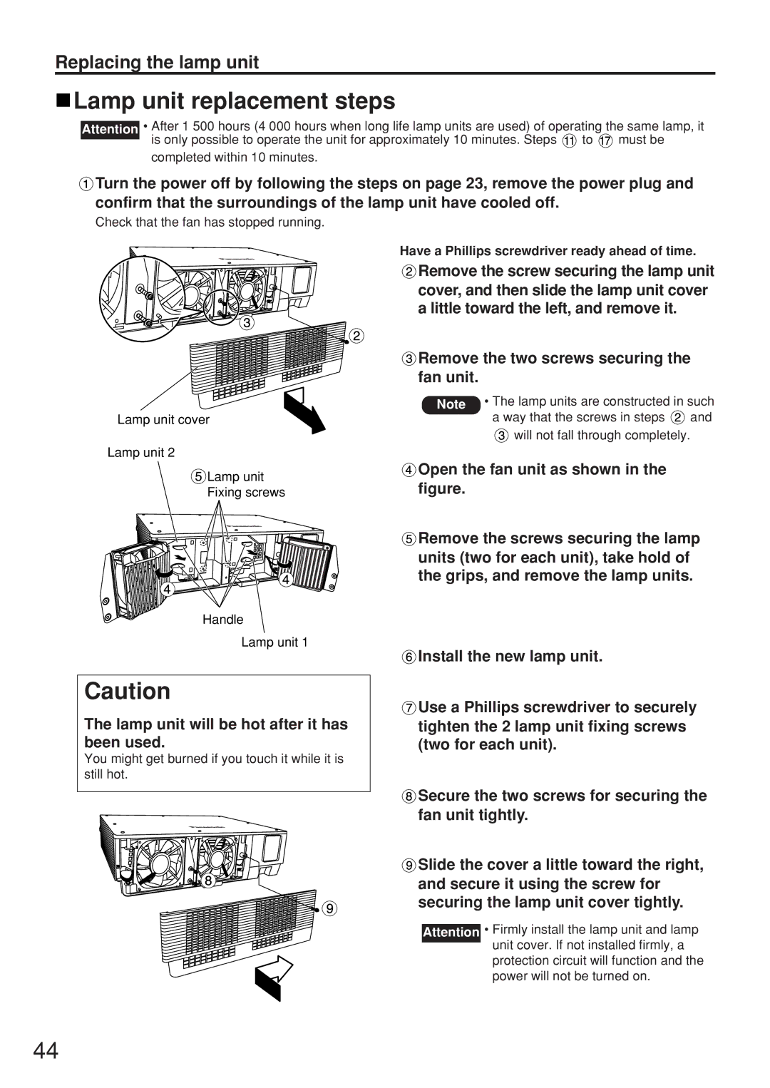 Panasonic PT-D5500EL manual Lamp unit replacement steps, Remove the two screws securing the fan unit 