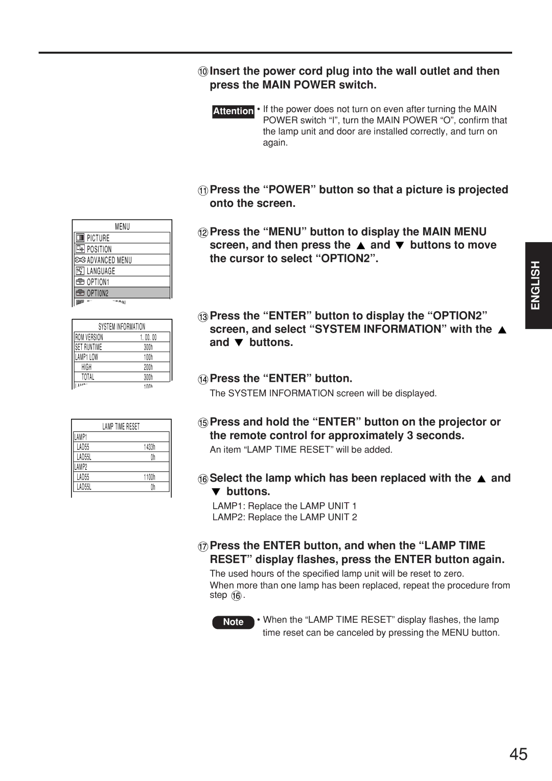 Panasonic PT-D5500EL manual Select the lamp which has been replaced with the and buttons 