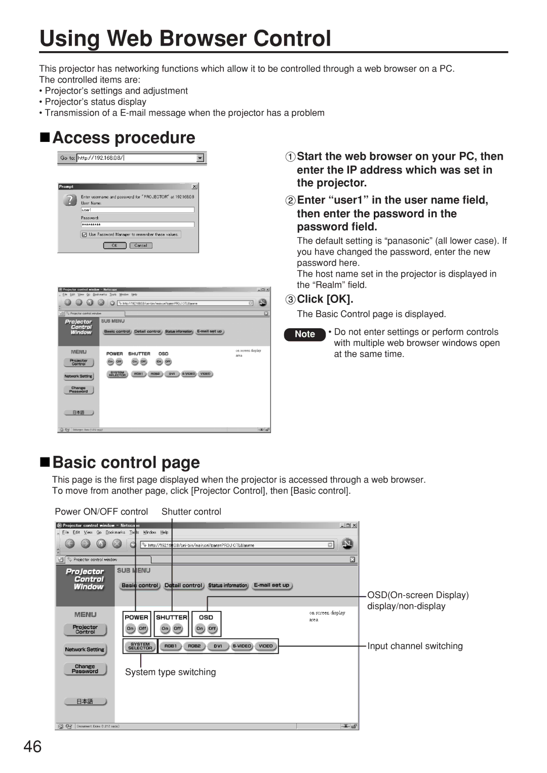 Panasonic PT-D5500EL manual Using Web Browser Control, Access procedure, Basic control, Click OK 