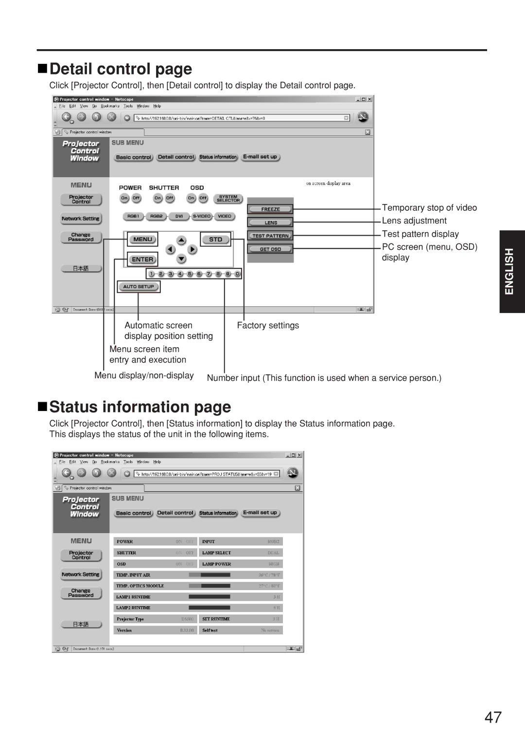 Panasonic PT-D5500EL manual Detail control, Status information 