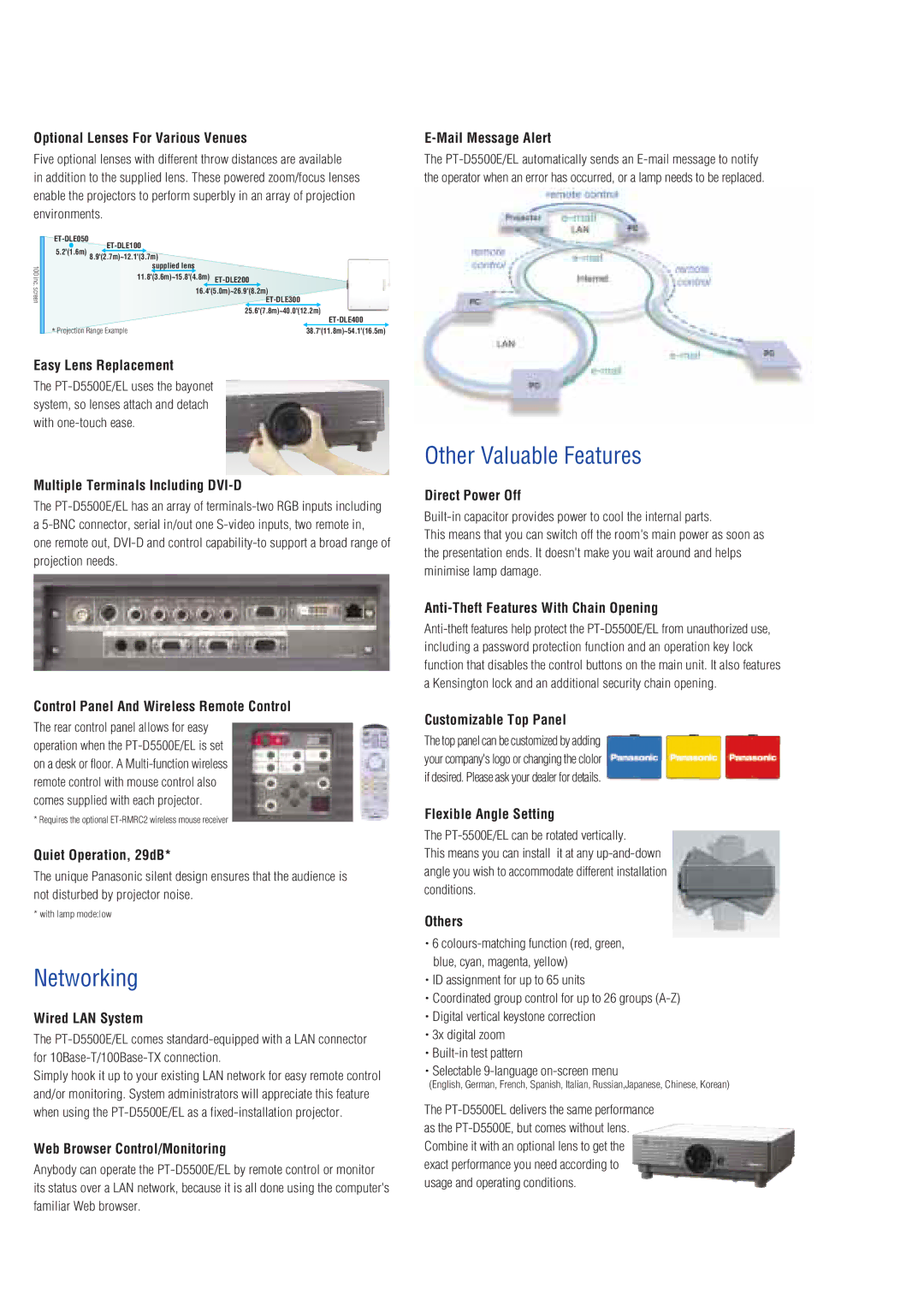 Panasonic PT-D5500E/EL manual Networking, Other Valuable Features 