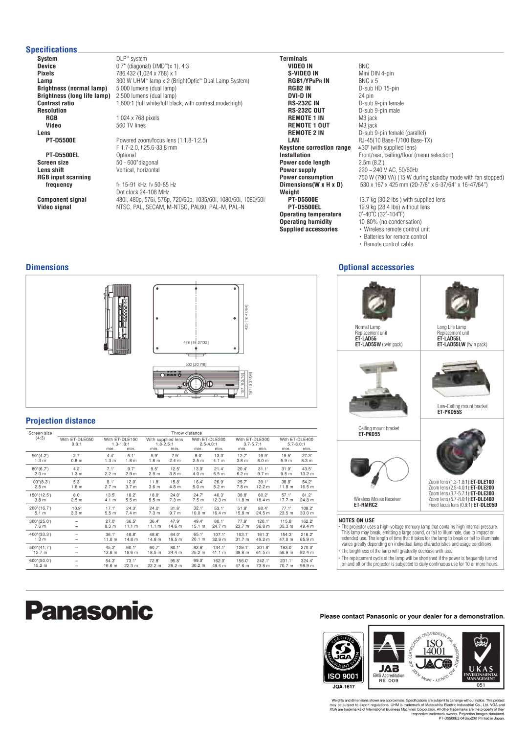 Panasonic PT-D5500E/EL manual Specifications 